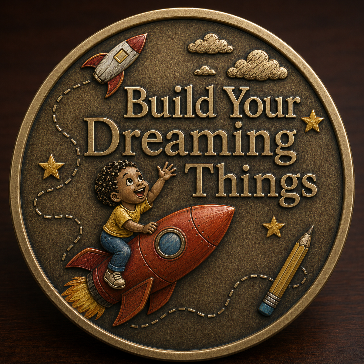 Dream Builder Medallion back: a child riding a red rocket past stars and clouds beside Build Your Dreaming Things lettering, with a pencil drawing a dashed flight path