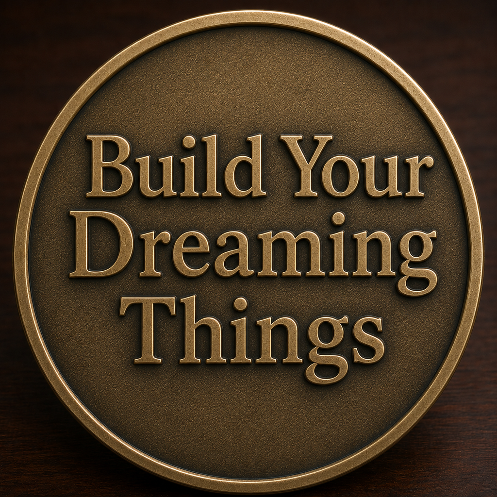 BYDT Crest Medallion back: raised Build Your Dreaming Things lettering on a textured bronze field