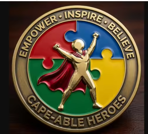 Medallion front: a gold Cape-Able hero with a red cape, arms raised, over red, blue, green, and yellow puzzle pieces, ringed with Empower, Inspire, Believe and Cape-Able Heroes
